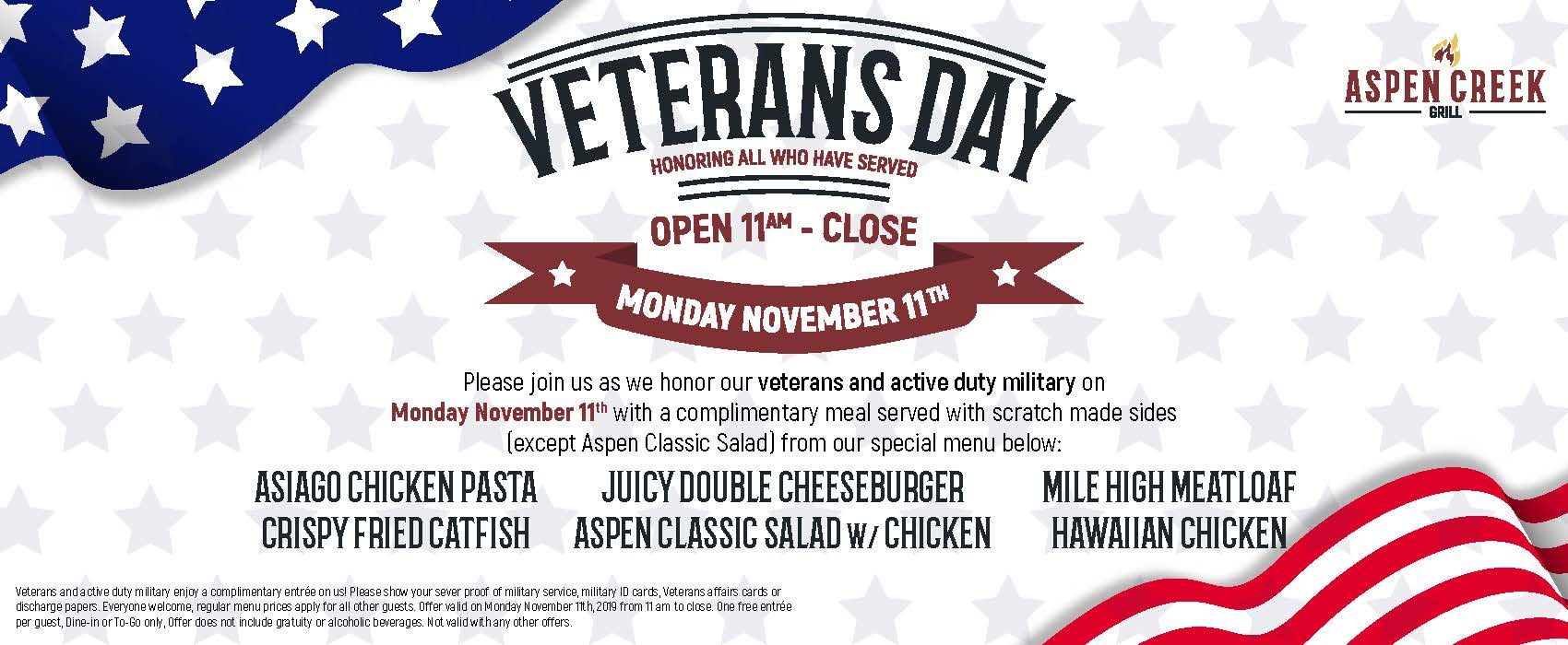 Aspen Creek Grill Honors Both Active-Duty and Veterans on Monday, November 11th with a Complimentary Meal