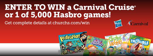 Family Meals and Fun Times Bring Church's Chicken and Hasbro Together for a Sweepstakes Offer and a Chance to Win Games, a Cruise and Discounts