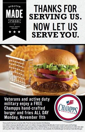 Champps Americana Says To Veterans and Troops: Thanks for Serving America, Now Let Us Serve You