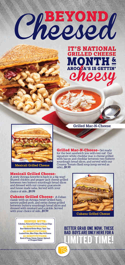 Arooga's Gets Downright Cheesy for National Grilled Cheese Month