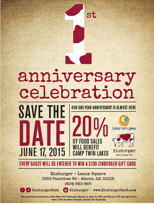Zinburger Wine & Burger Bar at Lenox Square Celebrates One-Year Anniversary with Fundraiser for Camp Twin Lakes on June 17