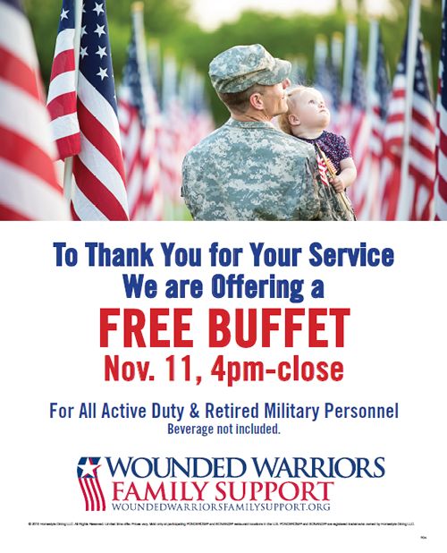Ponderosa and Bonanza Steakhouse Restaurants Offer Free Buffet for Military on Veterans Day
