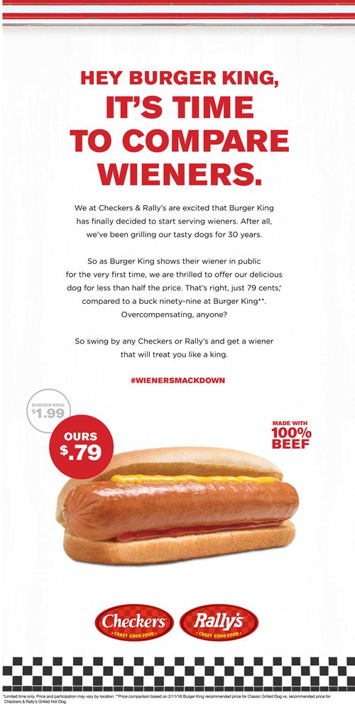 Checkers & Rally's Ignites Wiener War with Full Page Ad in USA Today