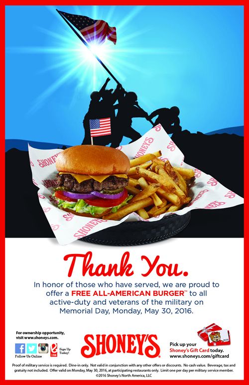 Shoney's Offers Free All-American Burger to All Veterans and Troops on Memorial Day