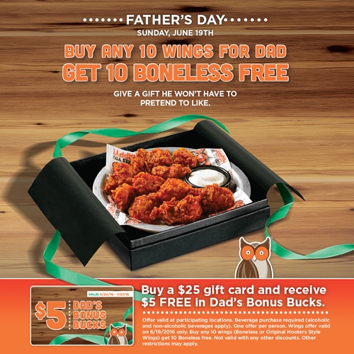 Hooters Celebrates Dads with Free Wings on Father's Day