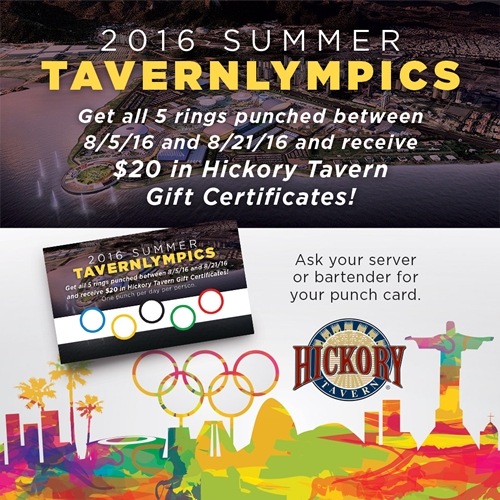 Hickory Tavern Introduces Tavernlympics, an Olympic Rings Punch Card Game Where Guests Can Earn $20 Watching the Olympics at Hickory Tavern