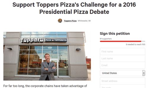 Toppers Pizza Challenges Corporate Pizza Chains to "Presidential Pizza Debate"