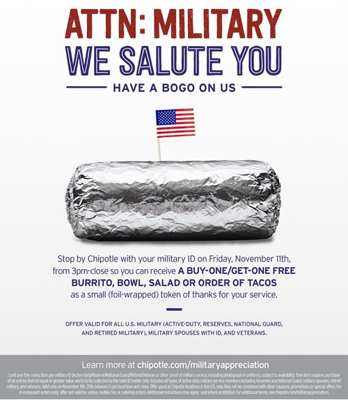 Saluting Those Who Serve: Chipotle Announces BOGO Offer for Active Military and Veterans