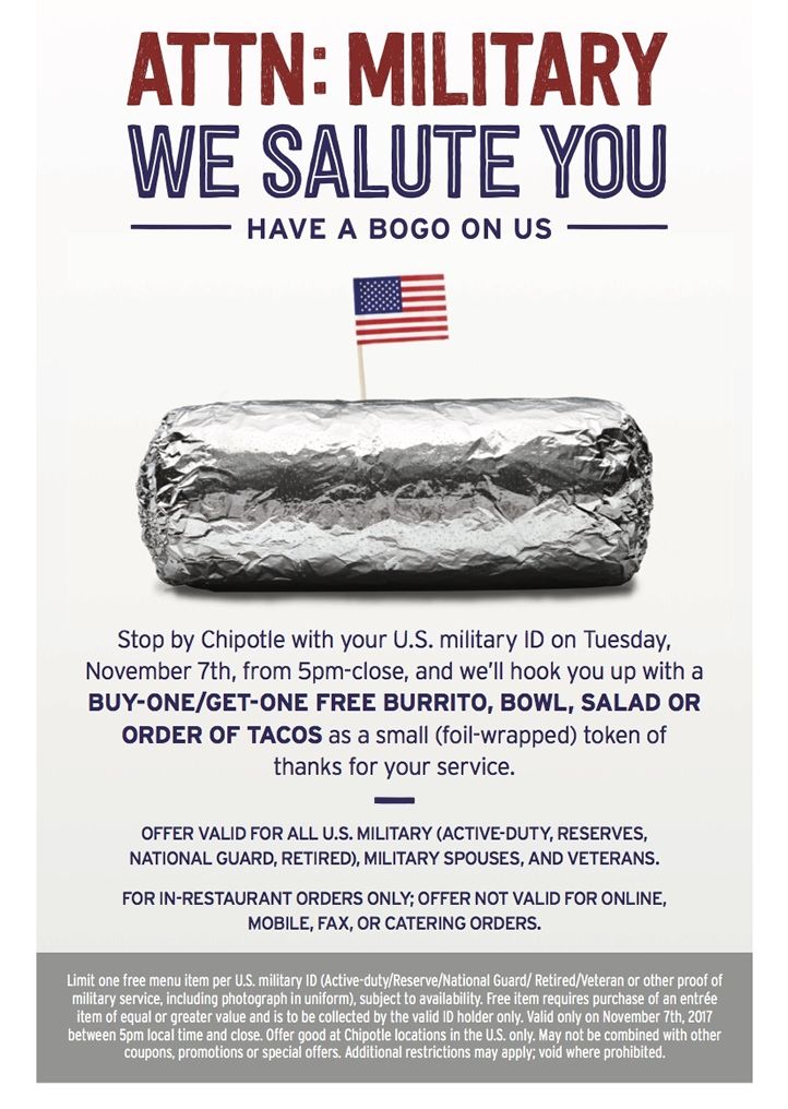 Chipotle Offers Active Military and Veterans BOGO as Foil-Wrapped Token of Thanks on Nov. 7