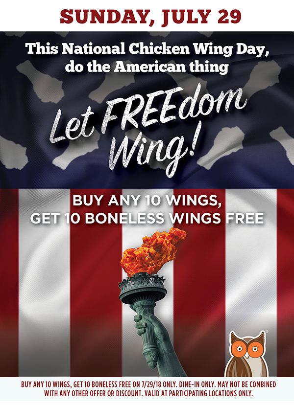 "Let FREE-dom Wing" at Hooters this National Chicken Wing Day with 10 Free Boneless Wings When You Buy any 10 Wings