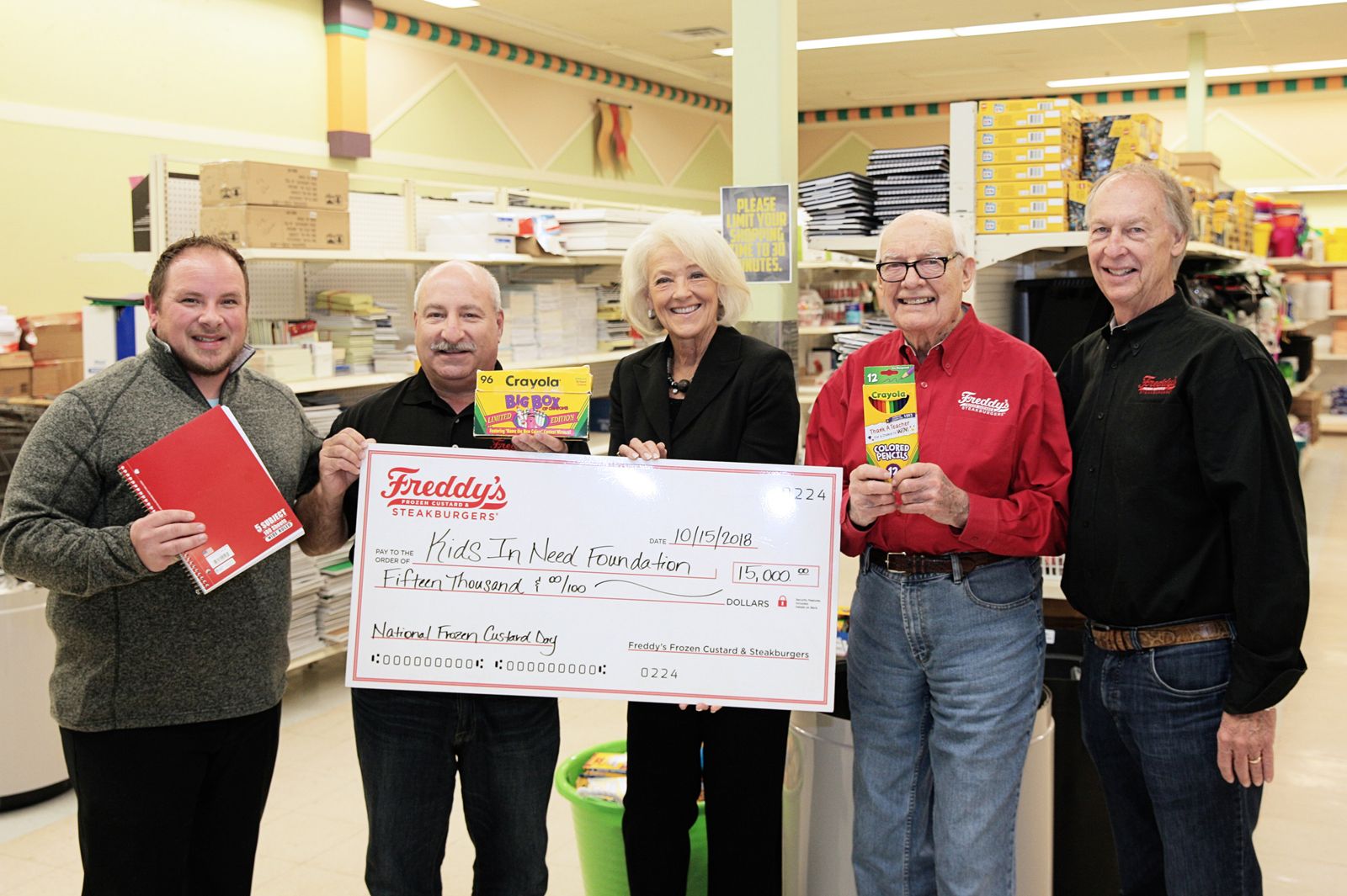Terry Johnson, Director Project Teacher (Project Teacher is a Kids In Need Foundation National Network Member); Scott Redler, Freddy's Frozen Custard & Steakburgers Co-founder and COO; Kristine Cohn, Kids In Need Foundation Senior Director of Development and Corporate Partnerships; Freddy Simon, Freddy's Frozen Custard & Steakburgers Namesake; Randy Simon, Freddy's Frozen Custard & Steakburgers President and CEO.
