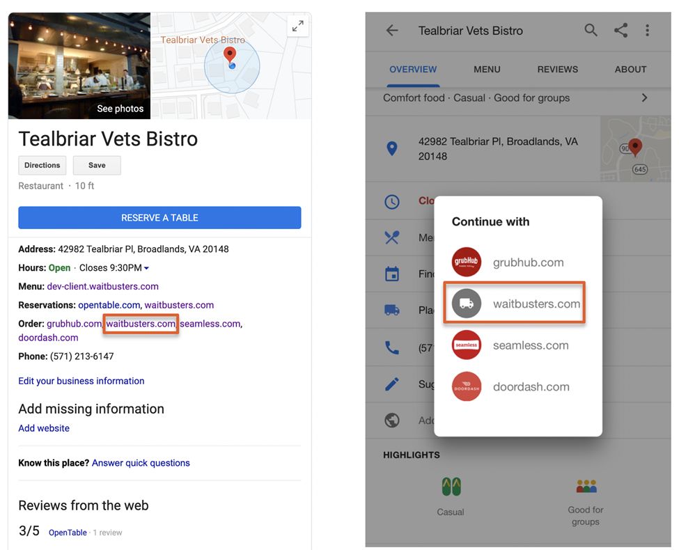 Waitbuster Dining Announces Online Ordering Integration with Google Search and Maps